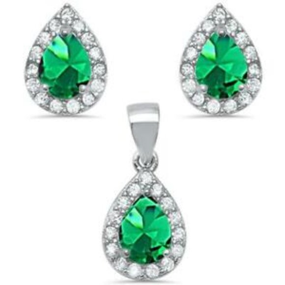 Jewelry - SALE!!!925 Sterling Silver Pear Emerald And CZ Set